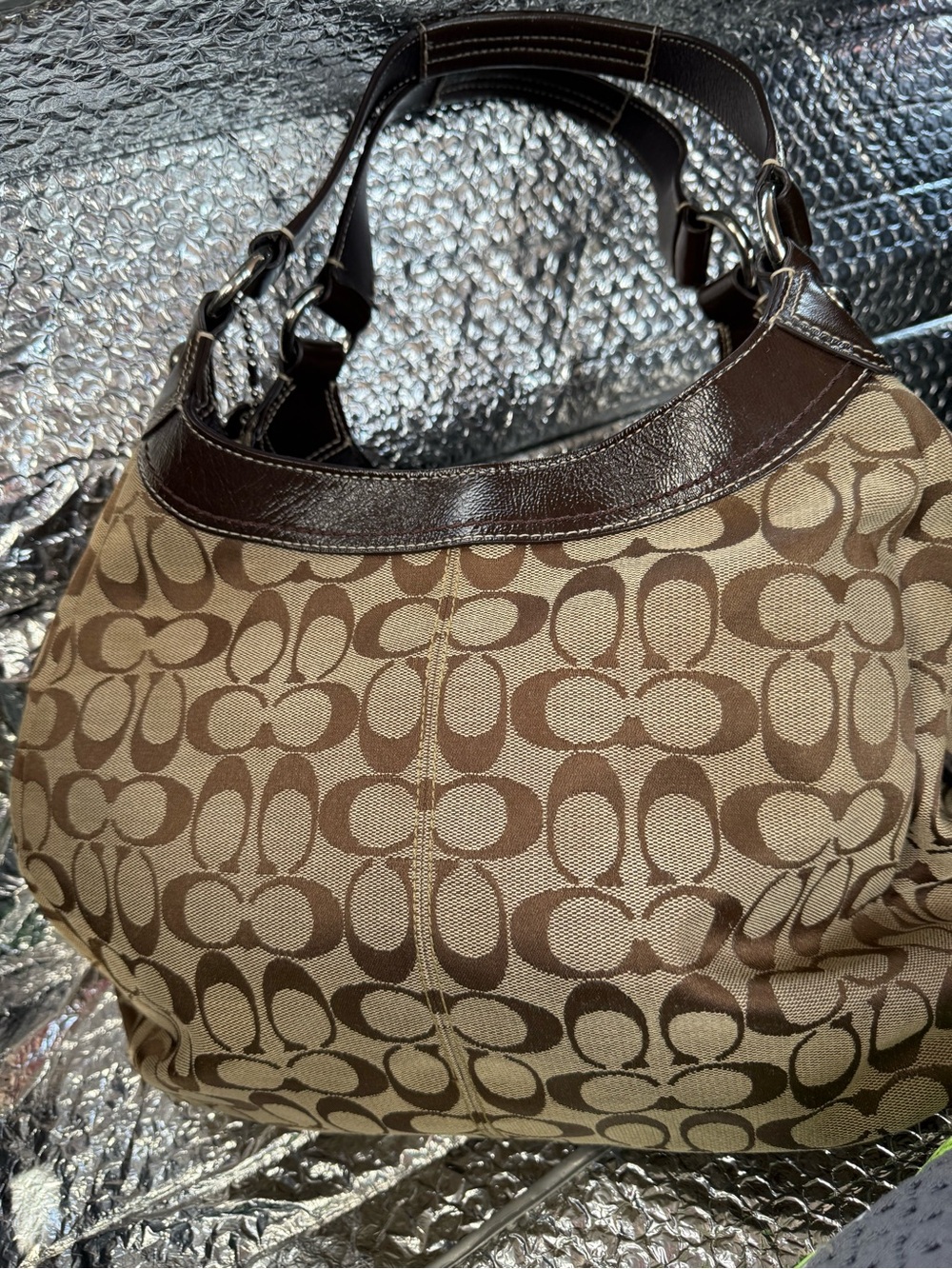 Vintage Coach Brown Signature Canvas Shoulder Bag with Dark Brown Leather Trim - Picture 3 of 7